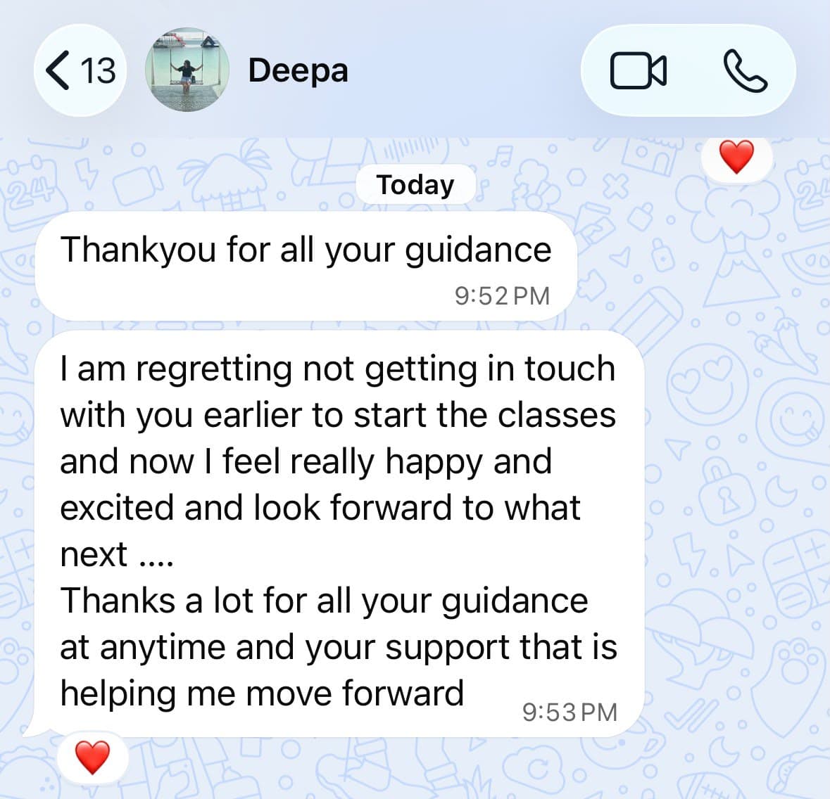 Deepa’s original message thanking Reshma for her guidance and support, and sharing her excitement to keep learning.