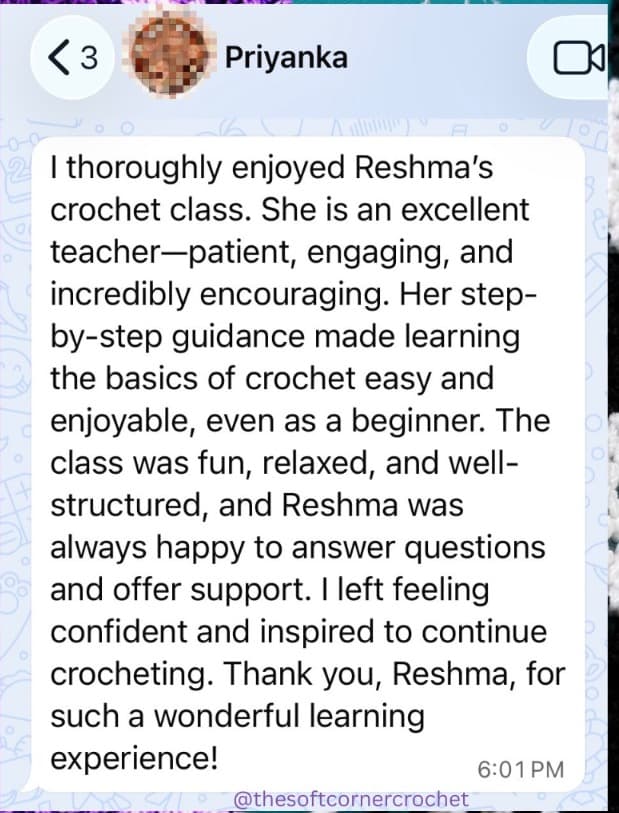 Priyanka’s original message about Reshma’s patient teaching and feeling confident after her beginner crochet class.