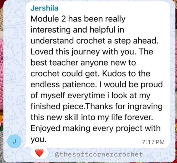 Jershila’s original message about enjoying her crochet journey, Reshma’s patience, and feeling proud of her finished projects.