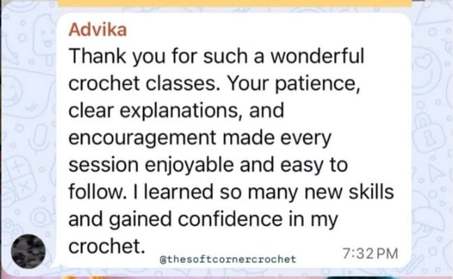 Advika’s original message thanking Reshma for clear, encouraging crochet classes and helping her gain confidence.